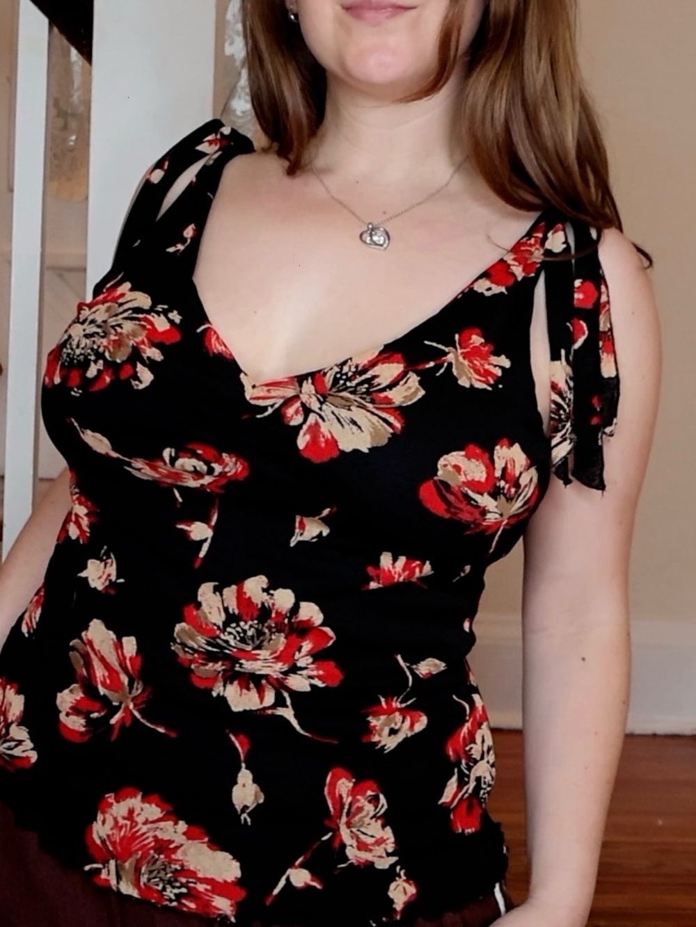 Trixxi Black Floral Tie-Shoulder Top with Red and Cream Blossoms size Medium